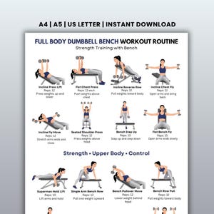 Op de afbeelding: Een workout routine gids met illustraties voor een full body dumbbell bank workout. De gids bevat oefeningen zoals incline press lift, flat chest press, incline reverse row en bench step-up. De tekst bevat het aantal herhalingen voor elke oefening.