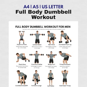 May include: A full-body dumbbell workout guide for men, featuring illustrations of various exercises. The guide includes exercises like squats, rows, and curls, with rep ranges. The text at the top reads "Full Body Dumbbell Workout".