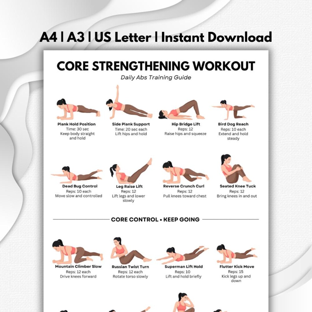 Core & Abs Workout Poster Printable PDF, No Equipment Home Core ...