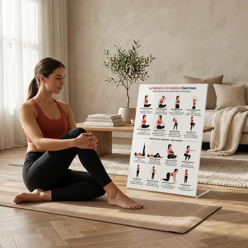 Pu&ograve; includere: Una donna in abbigliamento sportivo &egrave; seduta su un tappetino da yoga, che guarda un poster. Il poster mostra illustrazioni di esercizi per la circolazione linfatica. Il testo sul poster recita "Lymphatic Circulation Exercises Gentle Stretch & Movement Flow for Everyday".