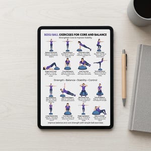 May include: A black tablet displays a guide for BOSU ball exercises, focusing on core and balance. The guide features illustrated exercises with instructions, promoting strength, balance, stability, and control. The text reads "BOSU BALL EXERCISES FOR CORE AND BALANCE".