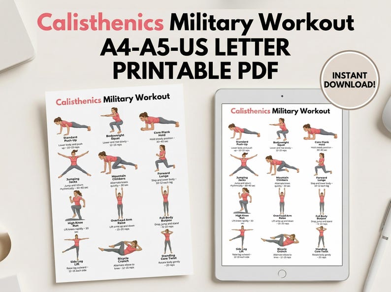 Military Style Calisthenics Workout Printable PDF, Full Body Bodyweight ...