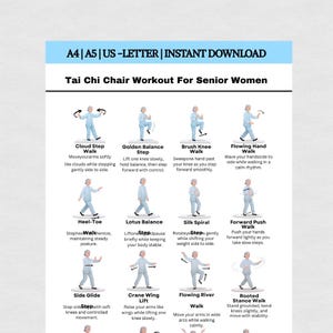 Chair Tai Chi Walking Exercise Chart for Women Printable | Senior Friendly Balance & Mobility Workout | Gentle Daily Movement Guide PDF