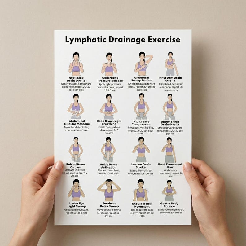 May include: A white paper titled "Lymphatic Drainage Exercise" held by hands. The paper features illustrations and instructions for various exercises, including neck strokes, breathing, and hip compression. The exercises are designed to promote lymphatic drainage.