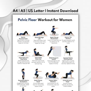 May include: A digital download titled "Pelvic Floor Workout for Women" with illustrated exercise instructions. Exercises include pelvic muscle hold, glute bridge lift, basic squat movement, and pelvic tilt motion. Other exercises are also shown.
