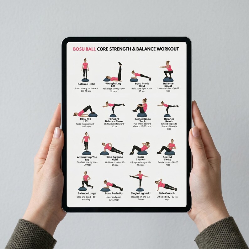May include: A tablet displaying a "BOSU BALL CORE STRENGTH & BALANCE WORKOUT" guide. The guide features illustrated exercises, including Balance Hold, Straight Leg Lift, Bosu Plank Hold, and Balance Squat. The tablet is held by a person.