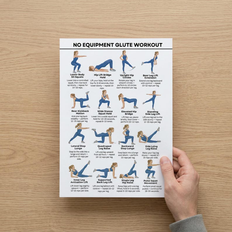 Glute Workout No Equipment Printable PDF, Lower Body Exercise Chart ...