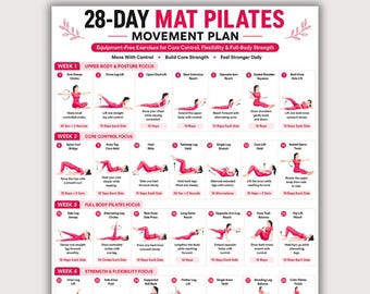 Mat Pilates Workout Chart Printable, 28 Full Body Beginner Exercises, No Equipment Home Fitness Poster, 4-Week Movement Plan PDF