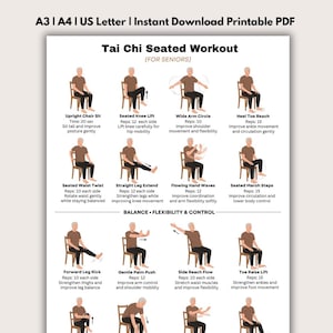 Pode incluir: PDF imprimível de um treino de Tai Chi sentado para idosos. O guia apresenta exercícios ilustrados como Upright Chair Sit, Seated Knee Lift e Wide Arm Circle. Os exercícios são projetados para melhorar o equilíbrio, a flexibilidade e o controle.