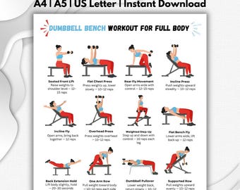 Dumbbell Bench Full Body Workout Printable, Chest & Back Exercise Chart, Home Gym Dumbbell Routine Poster, Upper Body and Core Fitness PDF