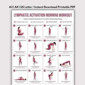 May include: A printable PDF chart titled LYMPHATIC ACTIVATION MORNING WORKOUT featuring sixteen numbered exercise illustrations. Each box displays a person in maroon athletic wear performing movements with text instructions for daily routines.