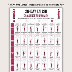 Desafio de Tai Chi de 28 dias para mulheres (PDF para imprimir), programa de equilíbrio e flexibilidade de 4 semanas para todos os níveis, pôster com exercícios diários suaves para o bem-estar.