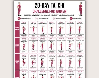 28-daagse tai chi-uitdaging voor vrouwen afdrukbare pdf, 4 weken evenwichts- en flexibiliteitsprogramma voor alle niveaus, poster zachte dagelijkse wellnesstraining