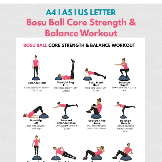 BOSU Ball Core & Balance Workout Printable | Stability Training Poster for Home Gym | Full Body Core Exercises PDF Chart Women Wall