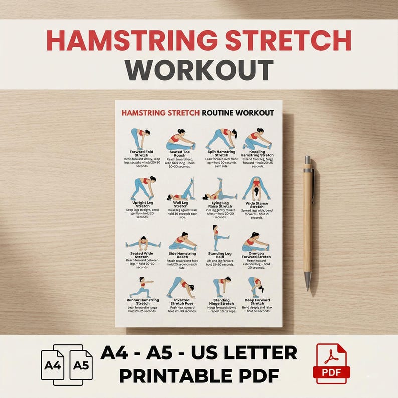 Hamstring Stretch Routine Printable PDF, Leg Stretching Exercises Chart ...