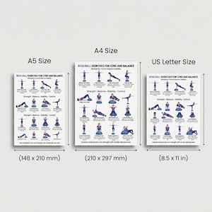 May include: Three exercise posters with the text "BOSU BALL EXERCISES FOR CORE AND BALANCE" in A5, A4, and US Letter sizes. The posters display illustrated exercises for core strength and balance. The A4 poster measures 210 x 297 mm, and the US Letter size is 8.5 x 11 inches.