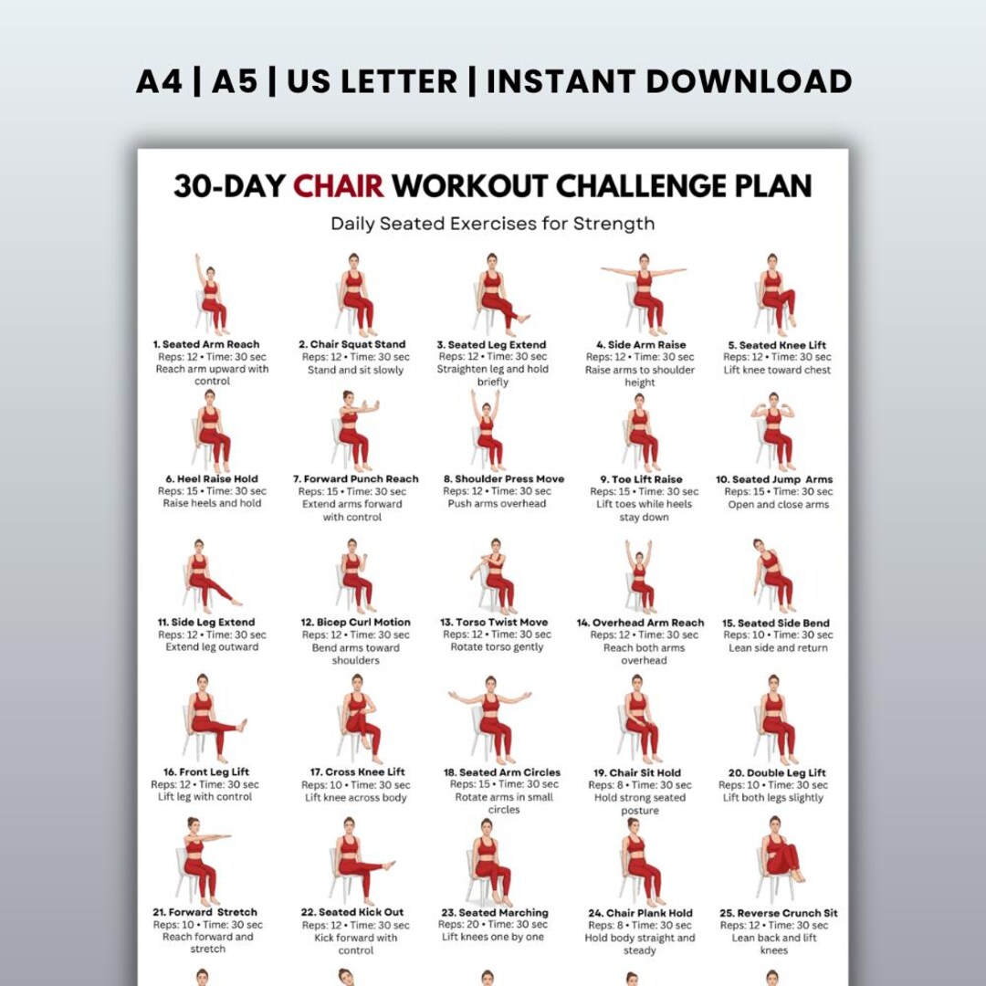 30 Day Chair Workout Challenge Printable, Seated Exercise Plan PDF, Low ...