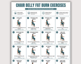 Chair Belly Fat Burn Exercises Printable PDF | 16 Seated Core Workout Chart | Low Impact Chair Abs Exercises