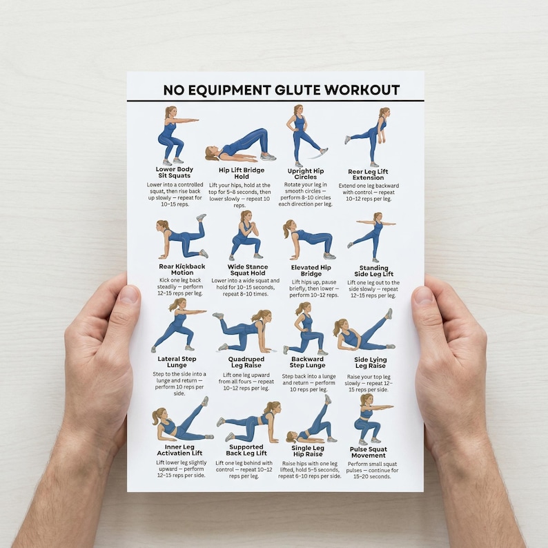 Glute Workout No Equipment Printable PDF, Lower Body Exercise Chart ...
