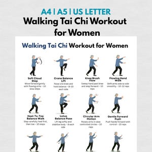Puede incluir: Un diagrama que ilustra un entrenamiento de Tai Chi caminando para mujeres. La imagen presenta una serie de poses ilustradas con instrucciones, incluyendo Soft Cloud Step y Crane Balance Lift. El texto en la parte superior dice "Walking Tai Chi Workout for Women."