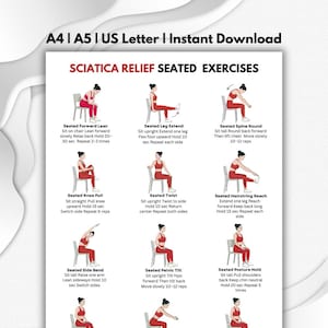 Sciatica Relief Exercises Printable PDF, Low Impact  Seated Chair Stretch Routine, Lower Back Nerve Pain Workout, Gentle Mobility Chart