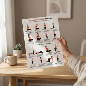 Pu&ograve; includere: Un foglio di carta bianco con il titolo "Esercizi di circolazione linfatica" e illustrazioni di vari esercizi di stretching. Il foglio &egrave; tenuto da una persona. Una tazza di caff&egrave; e una piccola pianta sono su un tavolo di legno.