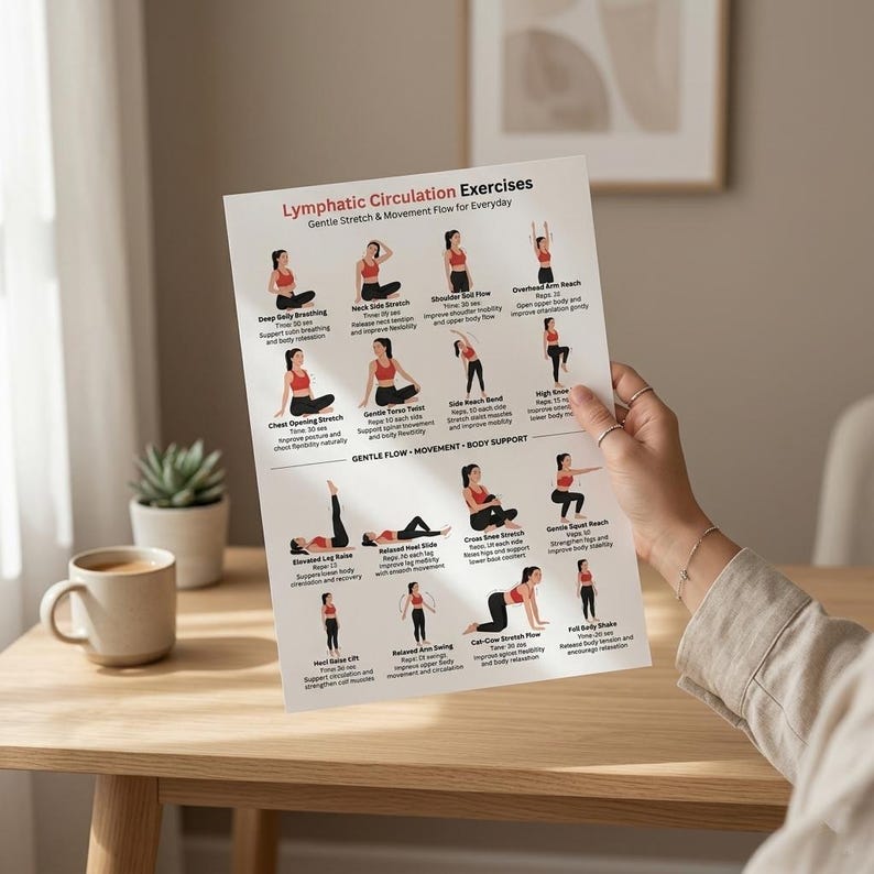 Pu&ograve; includere: Un foglio di carta bianco con il titolo "Esercizi di circolazione linfatica" e illustrazioni di vari esercizi di stretching. Il foglio &egrave; tenuto da una persona. Una tazza di caff&egrave; e una piccola pianta sono su un tavolo di legno.