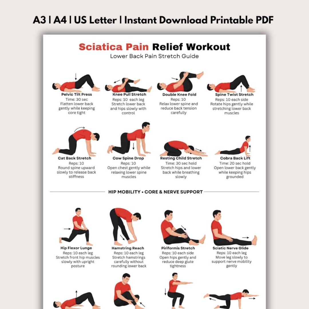 Sciatica Pain Relief Exercises Printable PDF, Lower Back Stretch ...