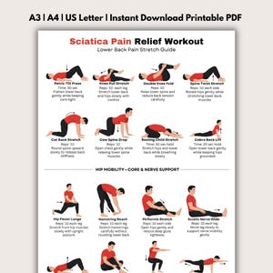 Peut inclure: Guide PDF imprimable pour le soulagement de la douleur sciatique, avec des exercices illustrés. Le guide comprend des étirements pour le bas du dos, la mobilité des hanches, le tronc et le soutien nerveux. Instructions fournies.