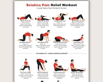 Sciatica Pain Relief Exercises Printable PDF, Lower Back Stretch Routine Chart, Sciatic Nerve Relief Workout Poster (PDF Download)