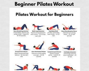 Pilates Workout for Beginners Printable PDF | Full Body Core Exercise Chart | No Equipment Home Pilates Fitness Routine
