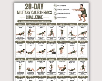 28 Day Military Calisthenics Challenge Printable | Bootcamp-Style Bodyweight Workout Plan PDF | No Equipment Home Fitness Poster