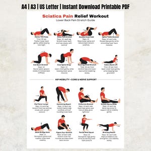 Op de afbeelding: Een printbare PDF-gids getiteld Sciatica Pain Relief Workout en Lower Back Pain Stretch Guide. Het bevat illustraties van figuren in rode shirts en zwarte broeken die verschillende rekoefeningen uitvoeren met tekstinstructies.