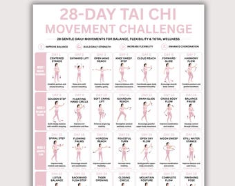 28 Day Tai Chi Movement Challenge Printable PDF | 4 Week Daily Balance & Flexibility Workout Chart | Women  Wellness Poster