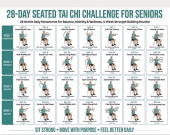 28 dagen zittende tai chi-uitdaging voor senioren mannen Afdrukbare pdf, 4-weken tai chi-programma voor stoelen, poster Balance Mobility Wellness
