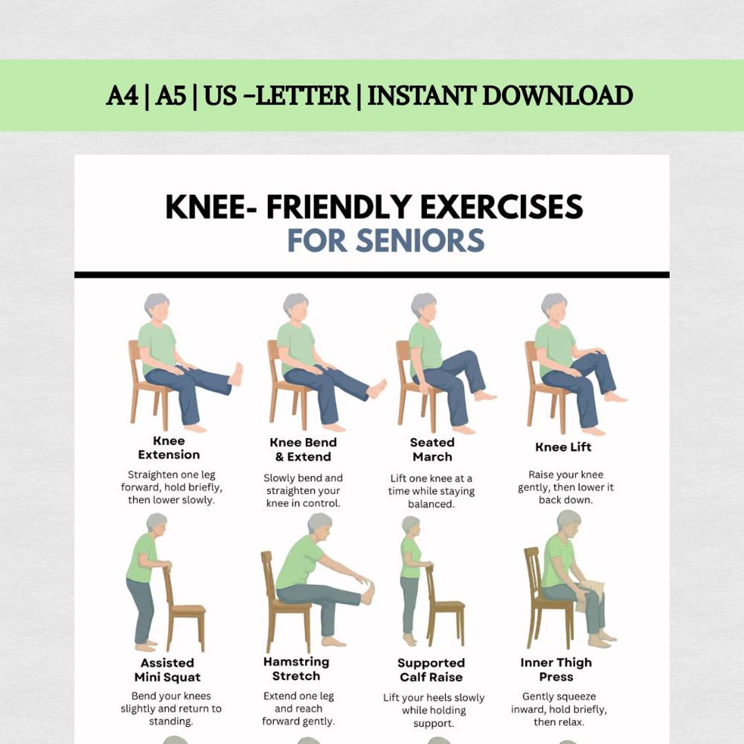 Knee Friendly Exercises for Seniors Printable, 12 Gentle Chair ...