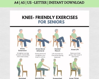 Knee Friendly Exercises for Seniors Printable, 12 Gentle Chair Exercises for Knee Strength & Mobility, Senior Fitness Chart PDF
