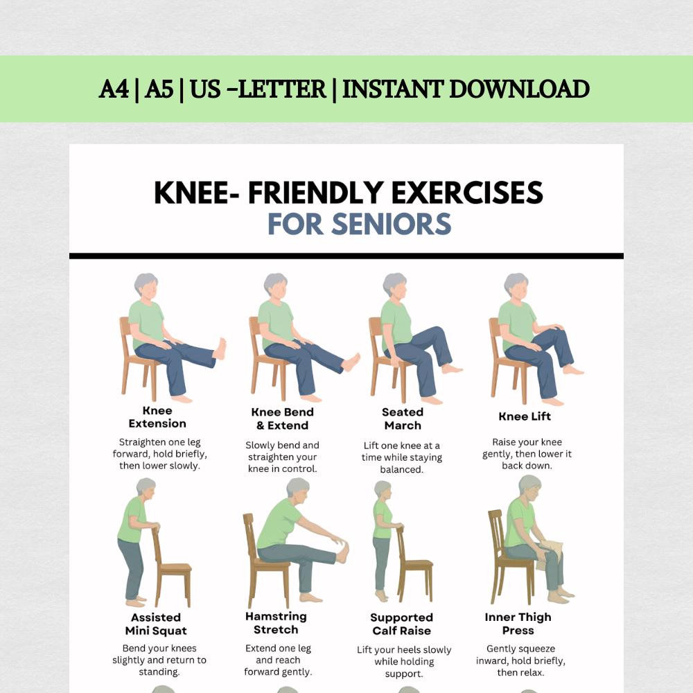 Knee Friendly Exercises for Seniors Printable, 12 Gentle Chair ...
