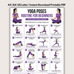 Peut inclure: Une affiche imprimable de routine de yoga pour débutants intitulée Yoga Poses Routine for Beginners. Le document présente seize illustrations numérotées d'une personne en tenue de sport violette effectuant diverses postures de yoga avec du texte.