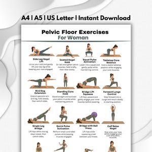 May include: A printable guide for pelvic floor exercises for women. The guide includes illustrations and instructions for exercises such as Side Leg Kegel Lift, Seated Kegel Hold, and Squat Pulse Activation. The guide is available for instant download.