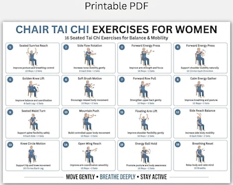 Stoeltai chi-oefeningen voor vrouwen Afdrukbare pdf, 16 zittende tai chi-bewegingen, balans en mobiliteit training senioren vrouwen