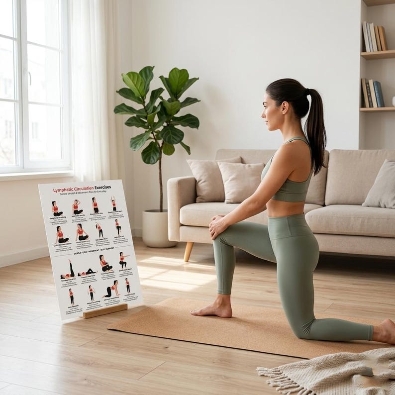 Pu&ograve; includere: Una donna in abbigliamento sportivo verde oliva si inginocchia su un tappetino da yoga, con un poster che mostra esercizi di circolazione linfatica sullo sfondo. Il poster &egrave; appoggiato su un supporto di legno. Sono visibili anche un divano e una grande pianta.