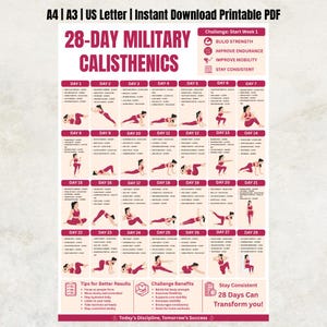 Puede incluir: Un plan de entrenamiento de calistenia militar de 28 días con una cuadrícula de rutinas diarias e ilustraciones de una persona realizando diversos movimientos. El documento incluye encabezados, instrucciones diarias y consejos.