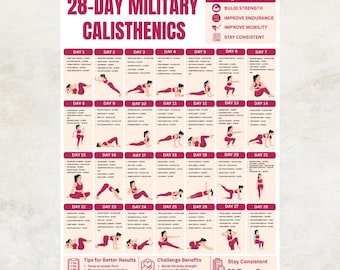 May include: A 28-day military calisthenics workout chart featuring a grid of daily exercise routines with illustrations of a person performing various movements. The document includes text headers, daily instructions, and tips for better results.