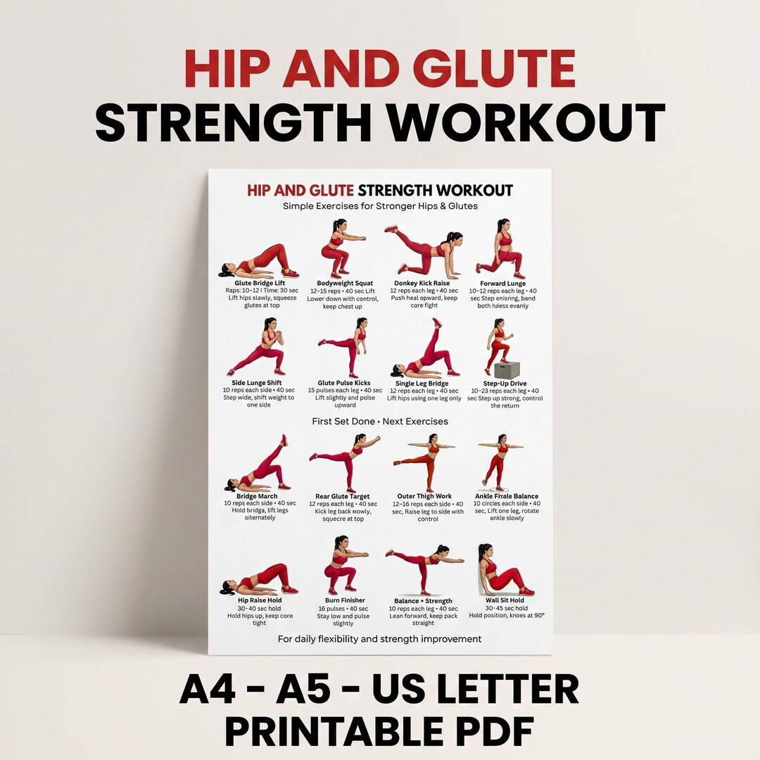 Glute and Hip Workout Chart Printable | Lower Body Strength Exercises ...