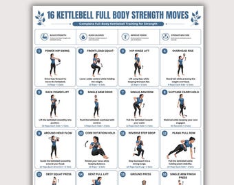 16 Kettlebell Full Body Strength Moves Printable | Kettlebell Workout Poster | Home Gym Exercise Chart | Beginner Fitness PDF