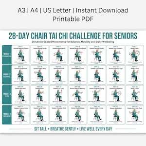 May include: A 28-day chair Tai Chi challenge chart for seniors featuring a grid of 28 daily seated movements with illustrations and text instructions. The document includes headers for A3, A4, and US Letter sizes, plus the text Sit Tall, Breathe Gently, Live Well Every Day.