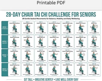 28-daagse stoel-tai chi-uitdaging voor senioren Afdrukbare pdf, zittend tai chi dagelijks stoeloefenprogramma, oefeningenschema evenwichtsmobiliteit