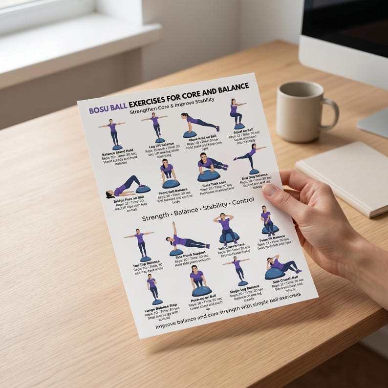 May include: A white printed sheet with BOSU ball exercise instructions for core and balance. The sheet features illustrations of various exercises, including balance stands, leg lifts, and squats. The exercises are designed to strengthen core muscles and improve stability.