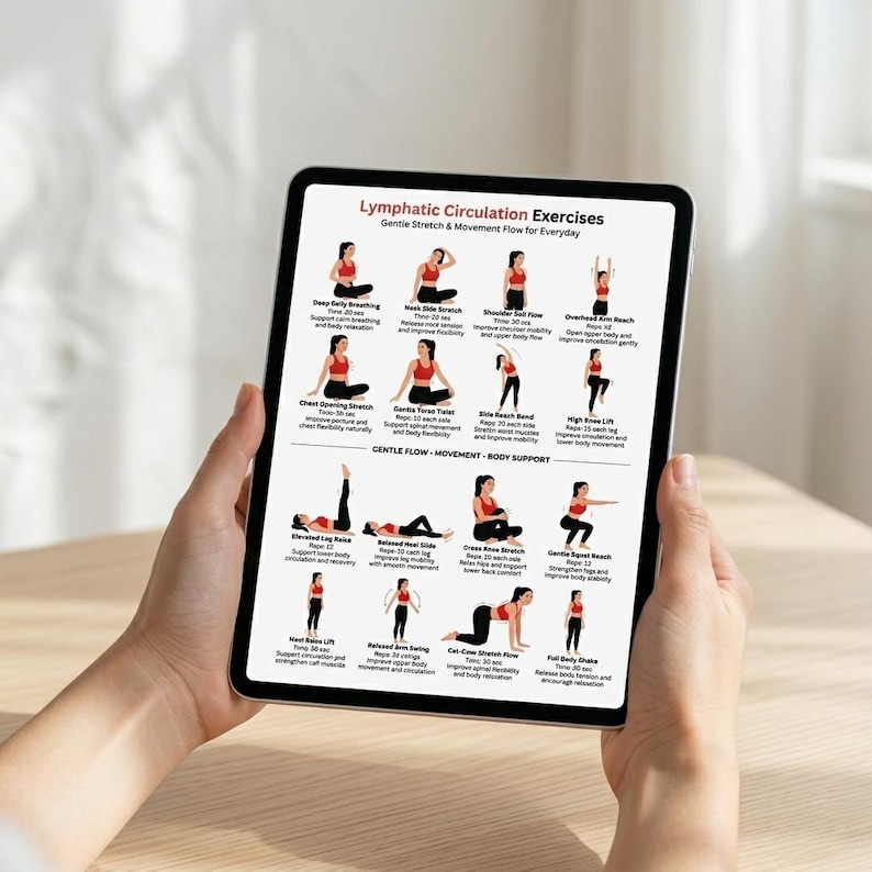 Pu&ograve; includere: Un tablet mostra una guida agli esercizi per la circolazione linfatica. Lo schermo mostra illustrazioni di vari esercizi di stretching e movimenti, con testo che descrive ogni esercizio. Il tablet &egrave; tenuto da una persona.